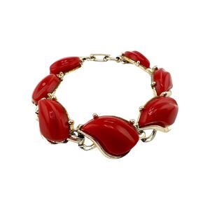 Vintage Abstract Retro MCM Red Acrylic Flame Chain Gold Tone 7.5” Bracelet